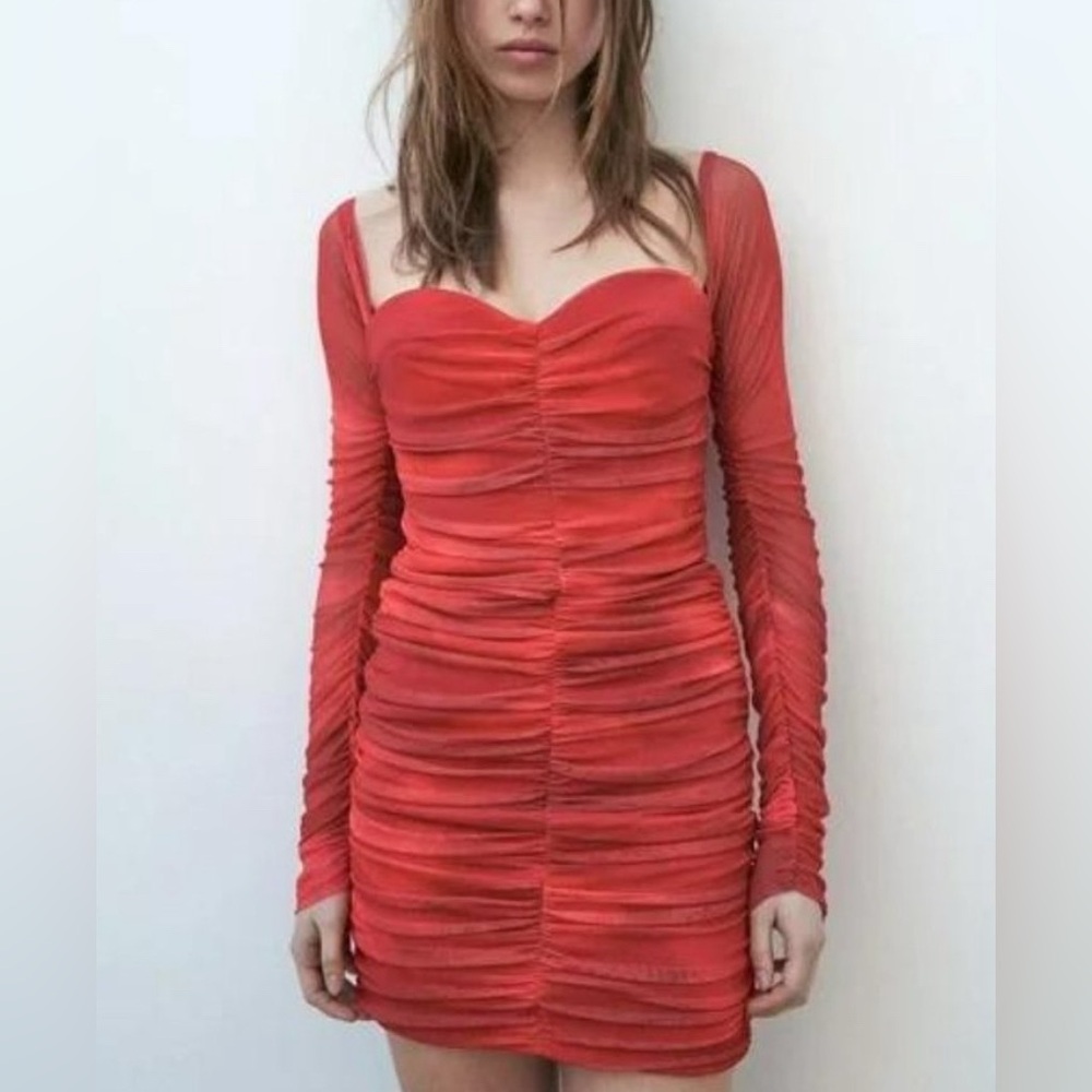 NWOT Zara Ruched Tulle Bodycon Red Dress